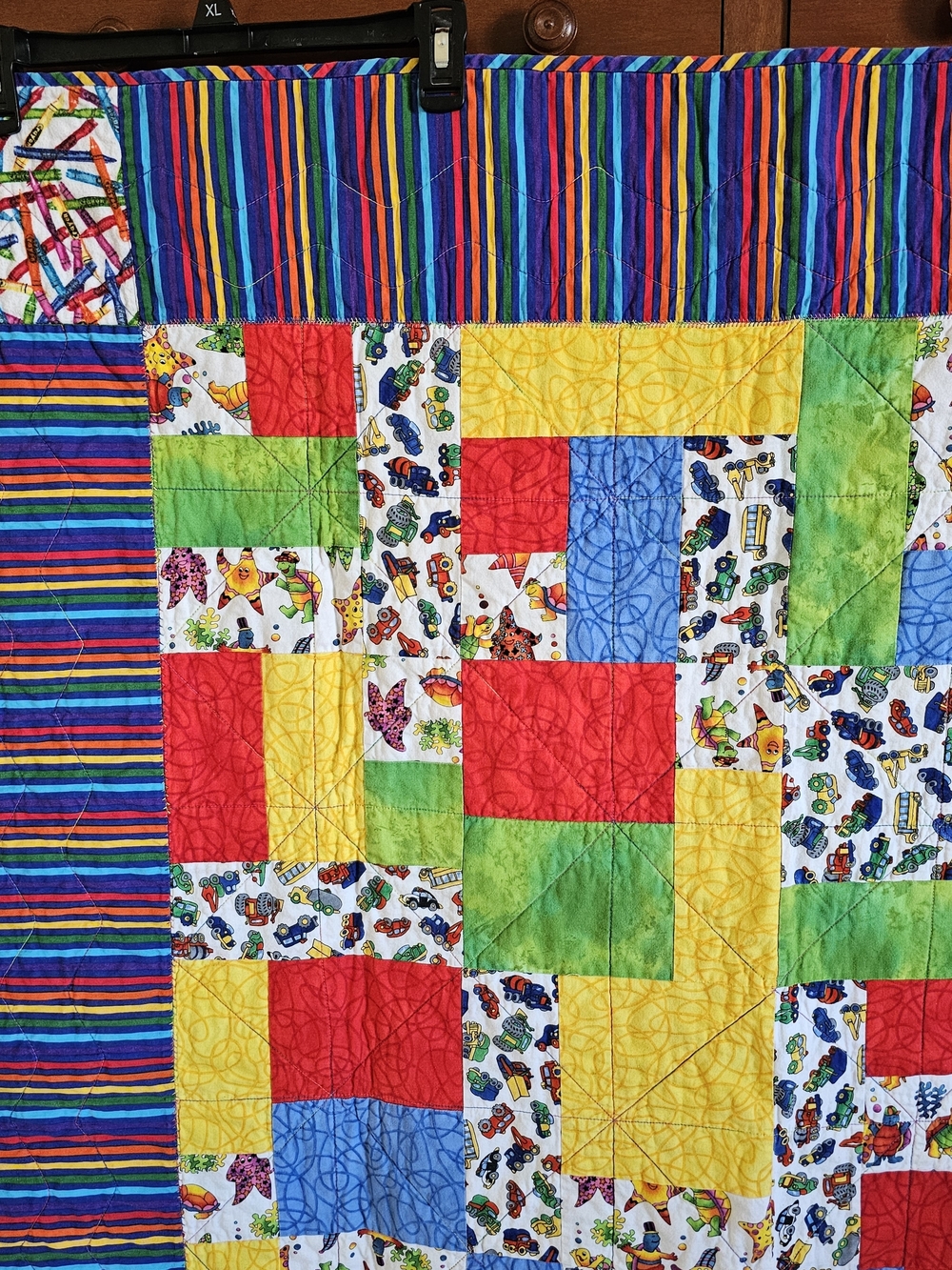 Colorful Kids Crayon Patchwork Quilt - Multicolor Stripe & Blocks 53x44
